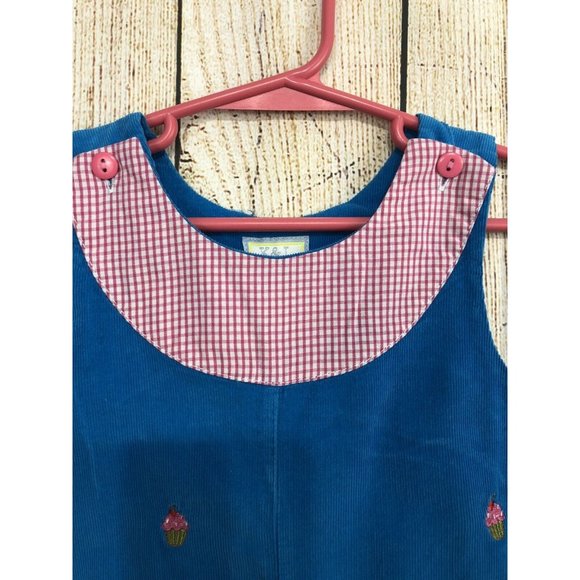 Vintage Corduroy Overalls Girl 2T Turquoise Gingham Pink Embroidered Cupcakes - Picture 2 of 8